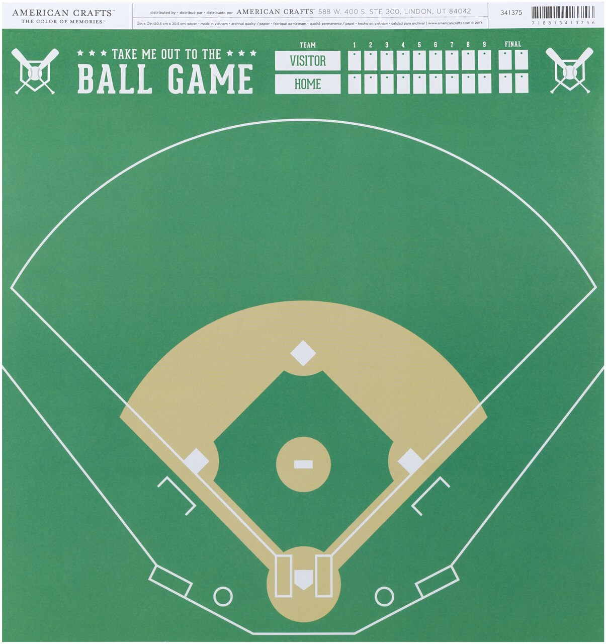 American Crafts Everyday Single-Sided Cardstock 12"X12"-Baseball Field